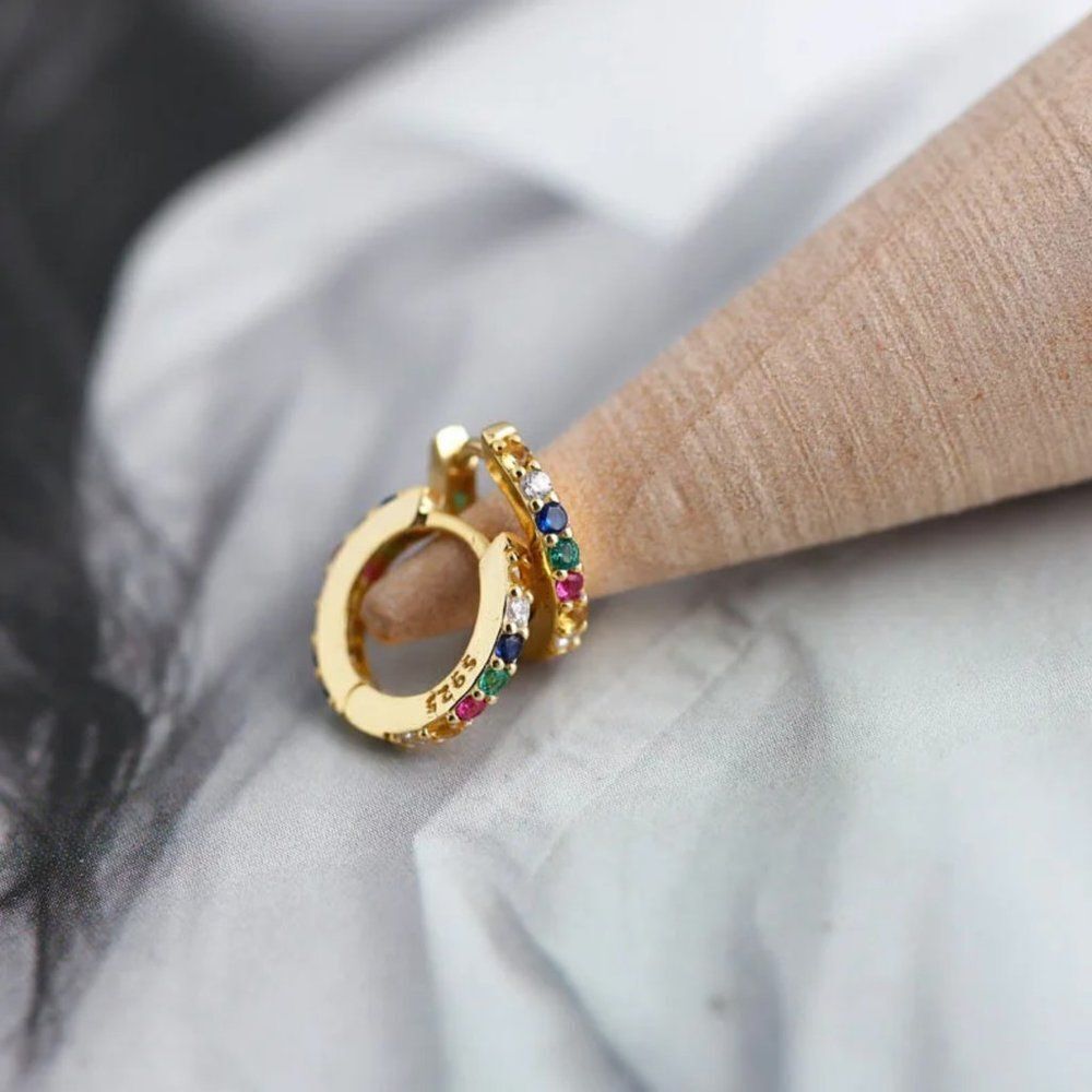 Rainbow Gem Huggie Hoop Earrings - Picture 2 of 4